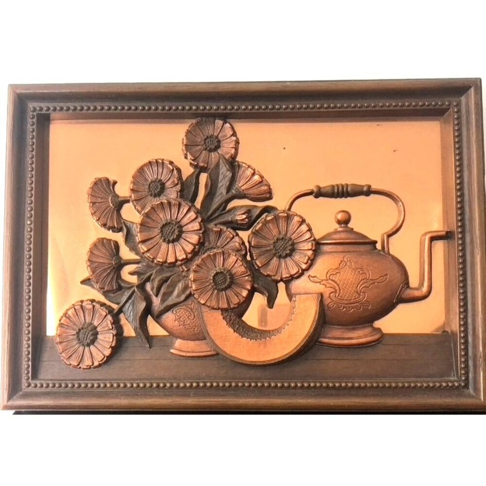 Vintage Coppercraft Guild Floral Teapot Copper 3D Wall Art With Faux Wood Frame